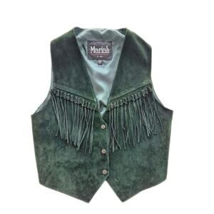 Vintage Suede Vest Womens Med Emerald Green Fringe Snap Front Western Cowgirl